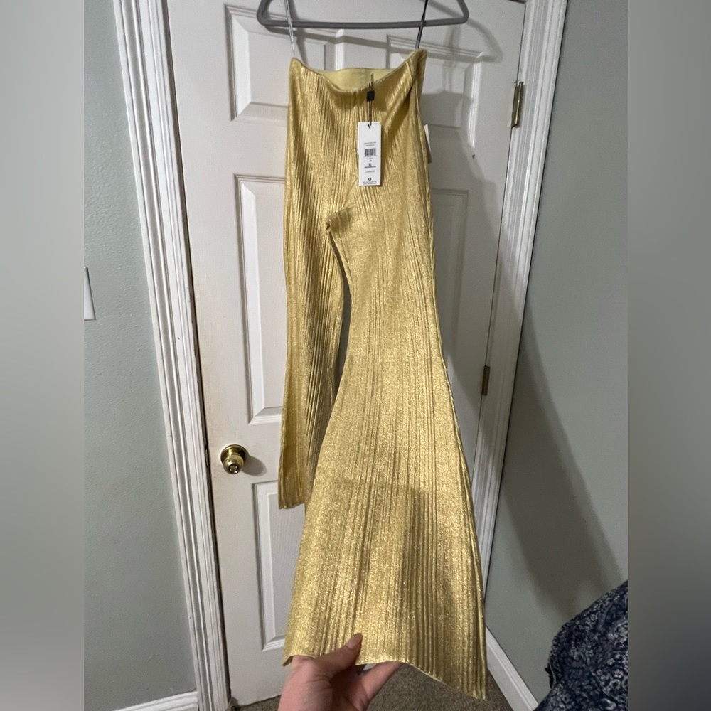 Herve Leger Paris FOIL VARIEGATED RIB PANTS (gold) NWT